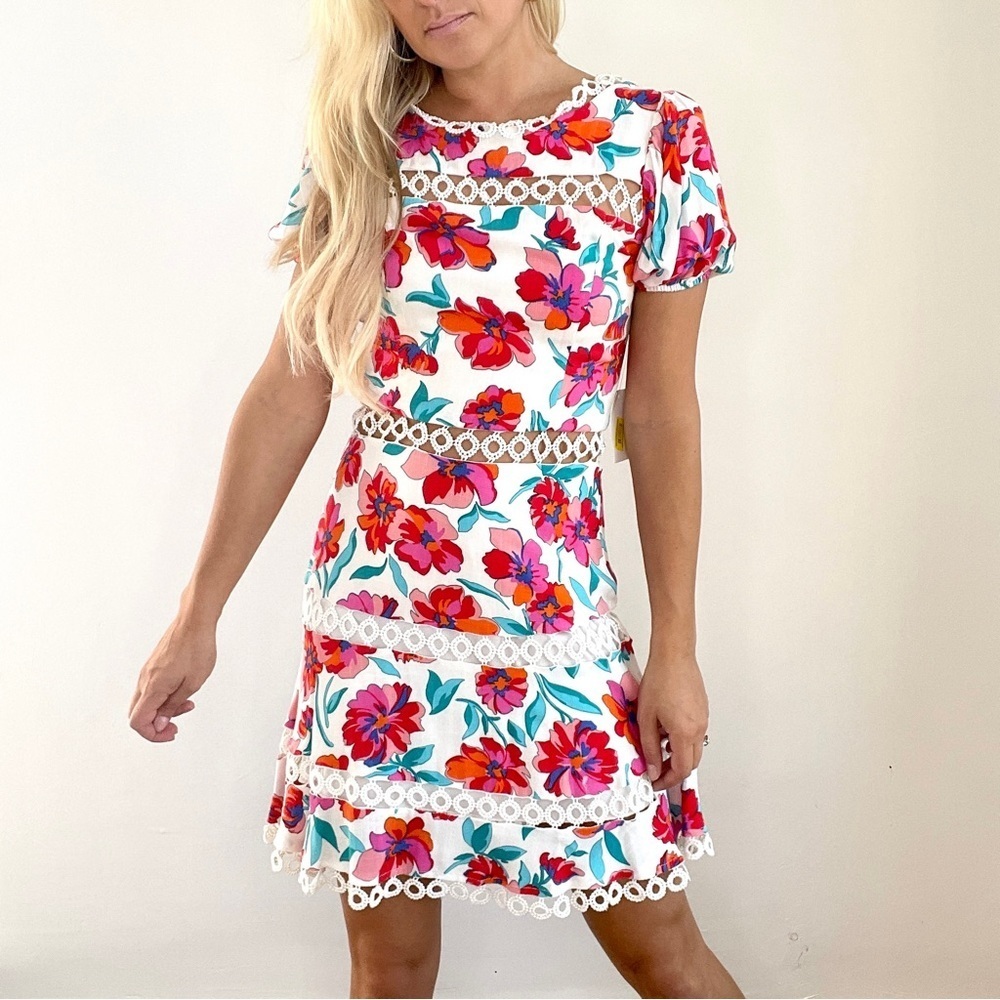 Red, Pink, and White Floral Dress With Lace Semi Sheer Panels